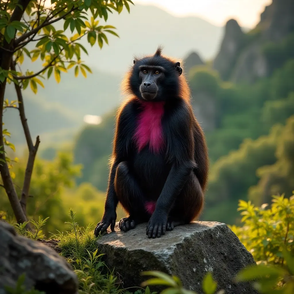 Regal Gelada Baboon on a Rock Amid Lush Greenery