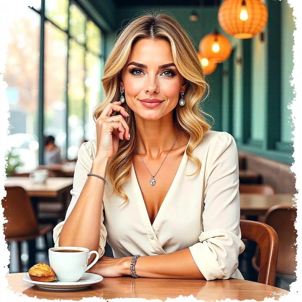 Confident White Woman in a Cozy Cafe — Watercolor Portrait