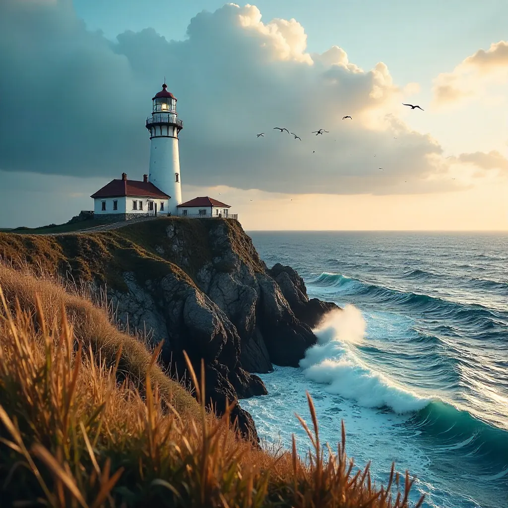White Lighthouse Over Russian Coastal Cliff