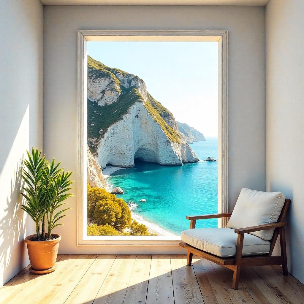 Watercolor Cliff View from a Sunlit Villa Window