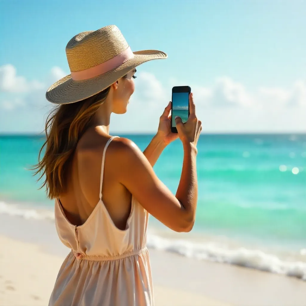 Serene Ocean Capture: Woman with Smartphone on the Beach