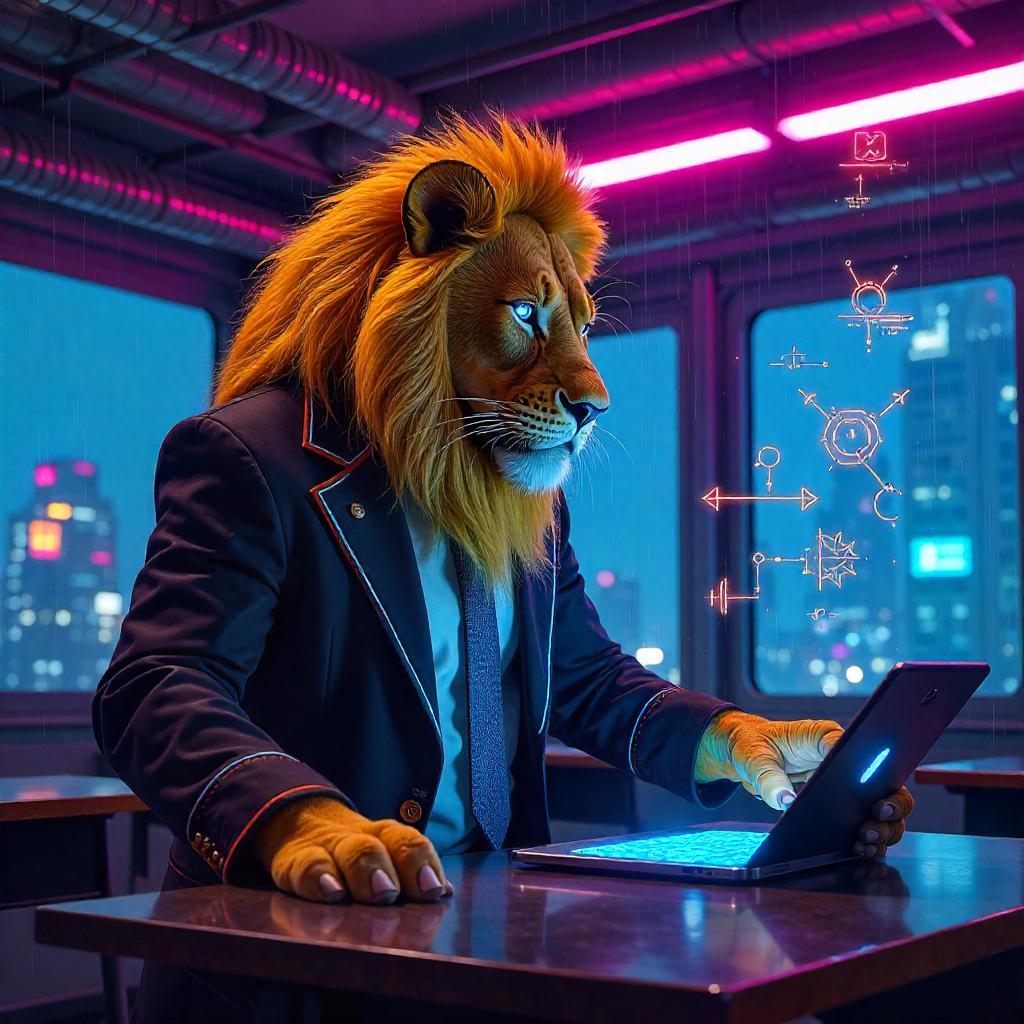 Neon Lion Student in a Cyberpunk School