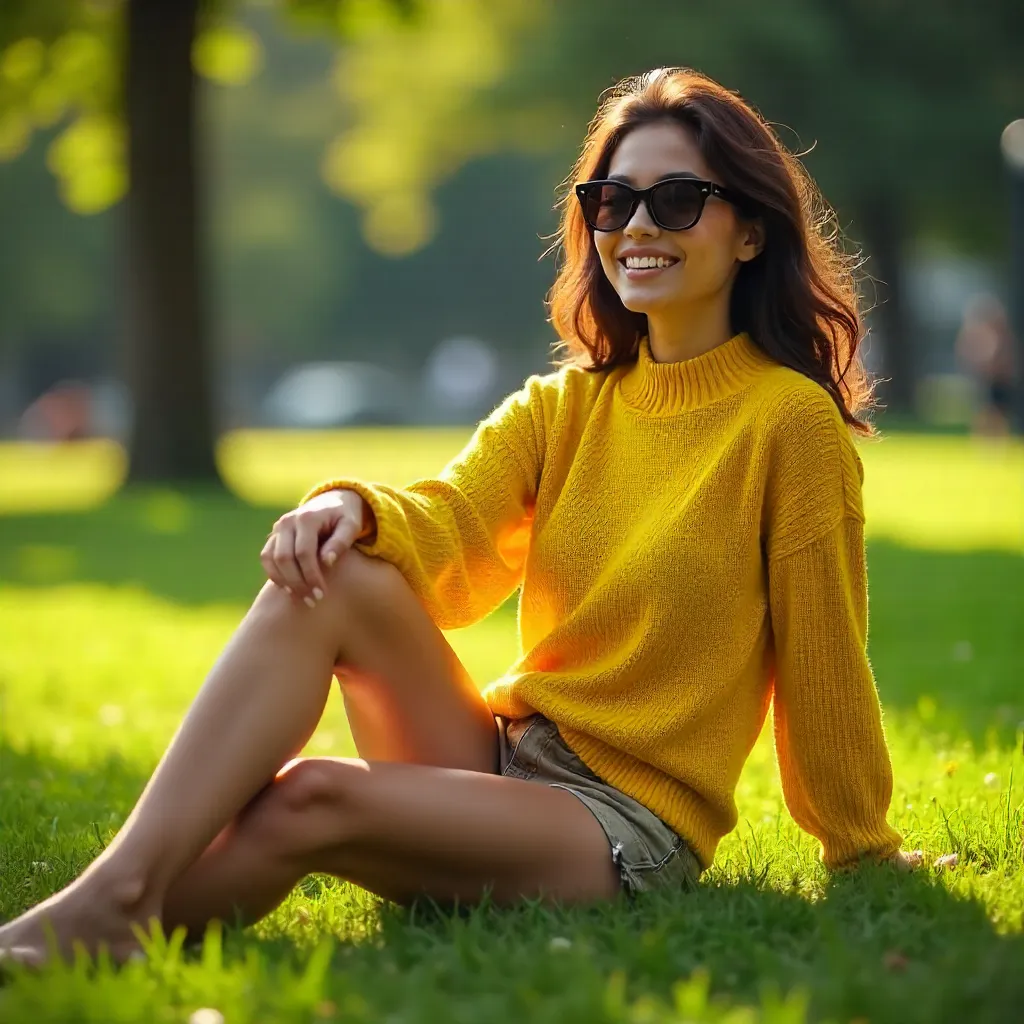 Carefree Style: Woman in Yellow Sweater on Grass