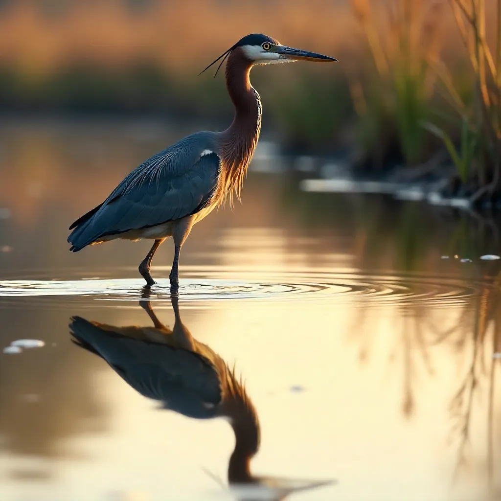 Reflection of a Tricolored Heron in Calm Marsh Waters