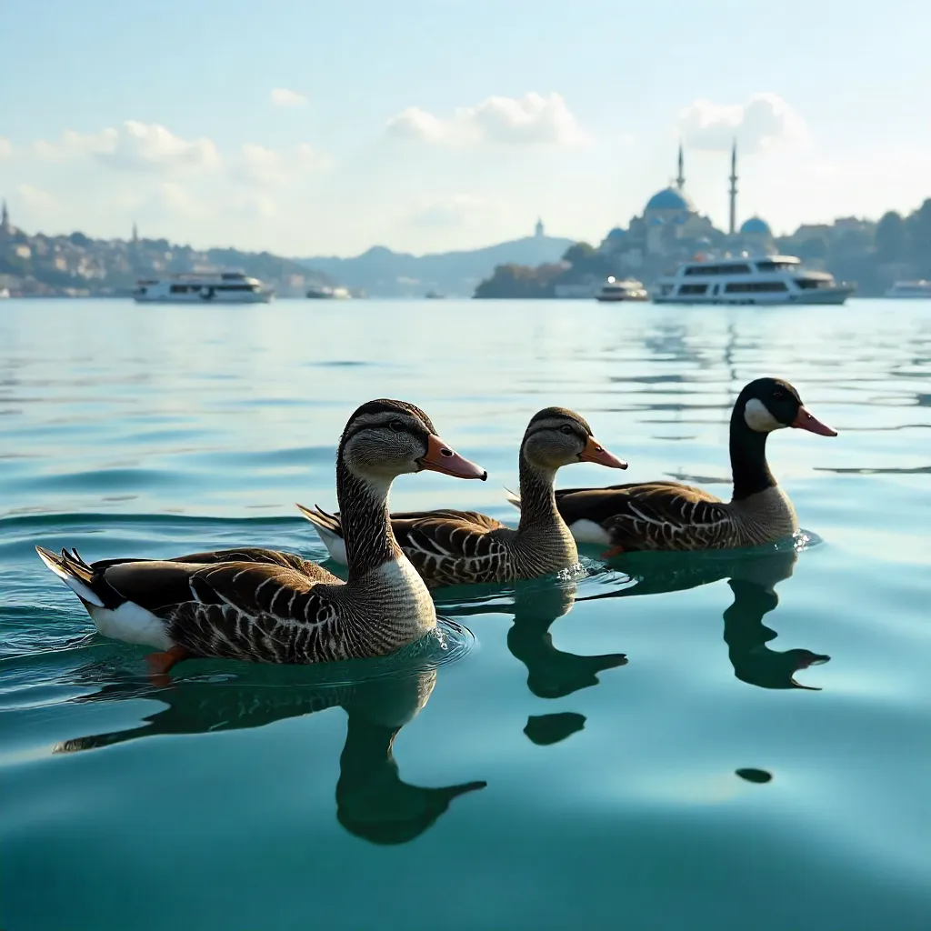 Four Ducks on Reflective Waters of Istanbul, Türkiye