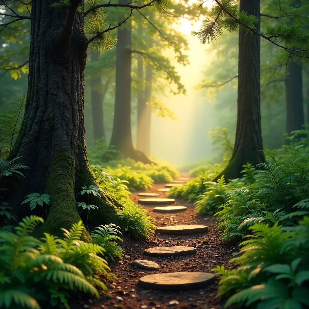 Tranquil Forest Pathway Through Lush Greenery