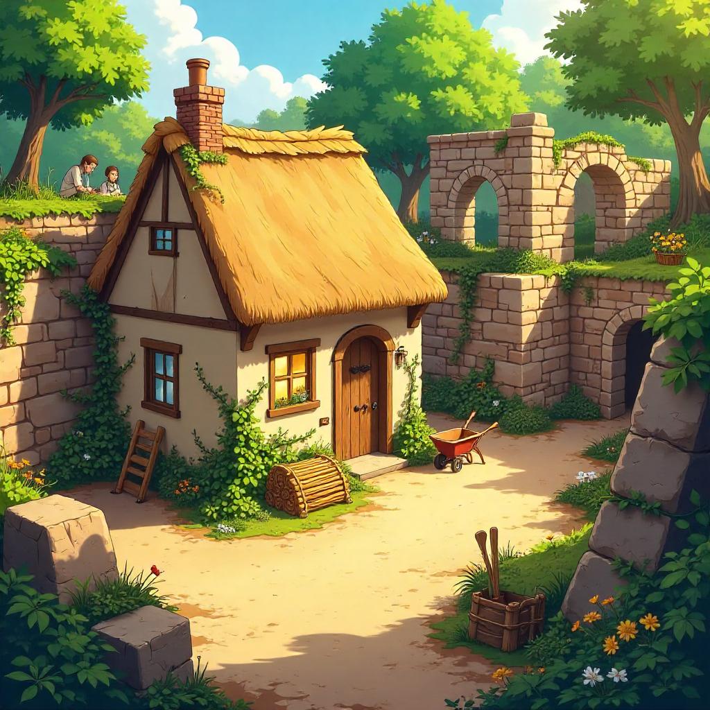 Anime Cottage Nestled Within Ancient Ruins