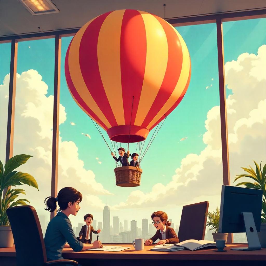 Anime-Style Hot Air Balloon in an Office