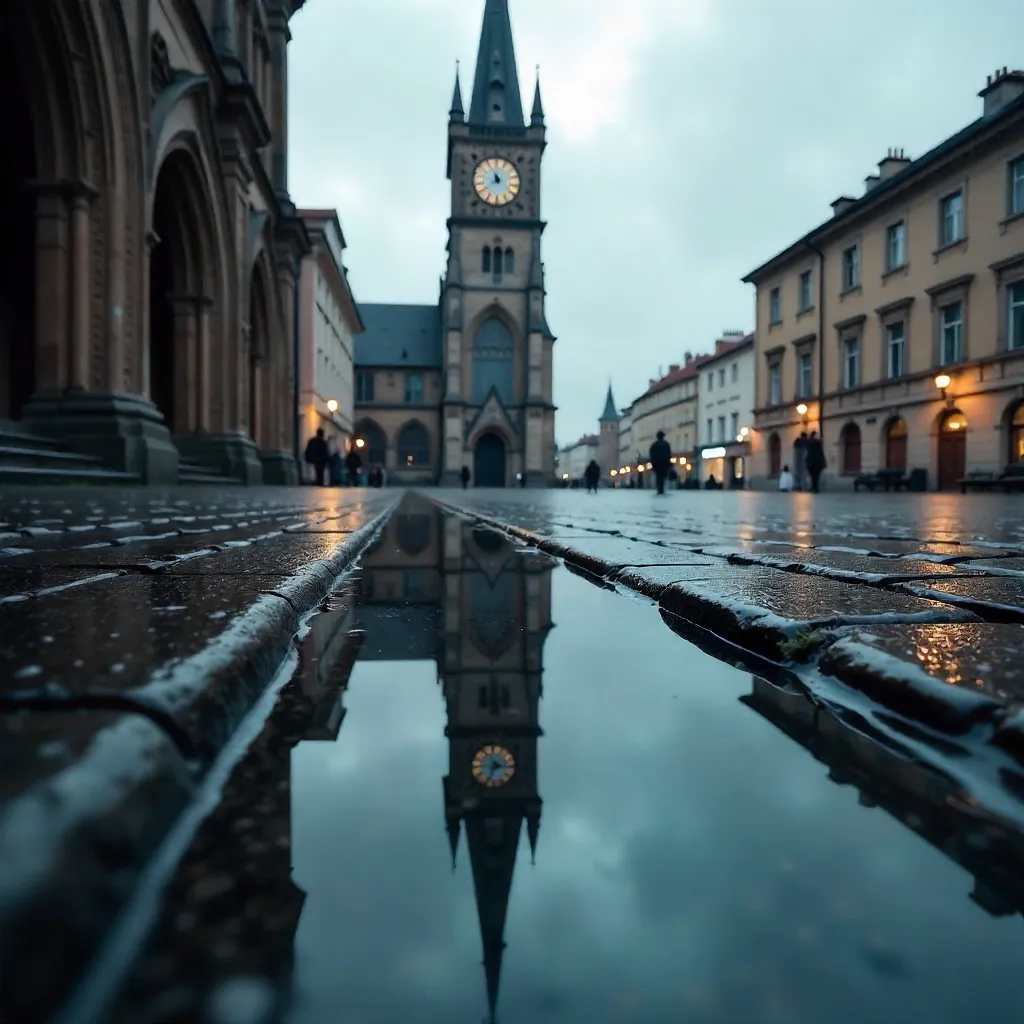 Reflection of a Historic Clock Tower in Rain Puddle