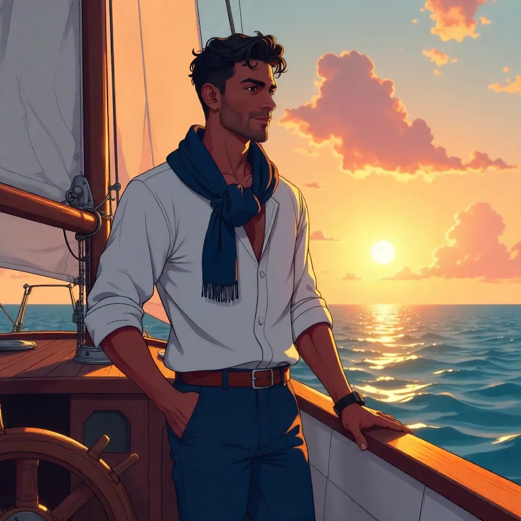 Handsome Black Man on a Boat in Anime Style