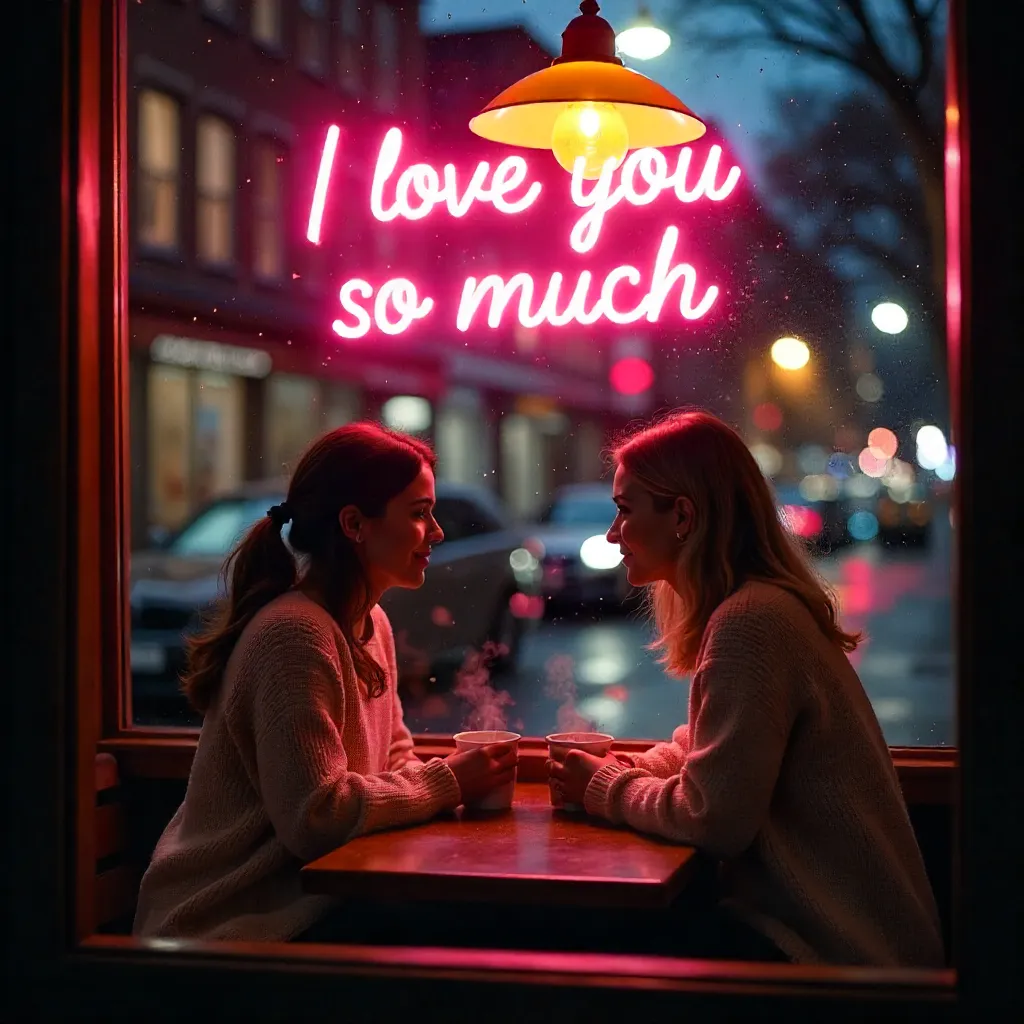 Window View: Two Women in a Cozy Neon Café