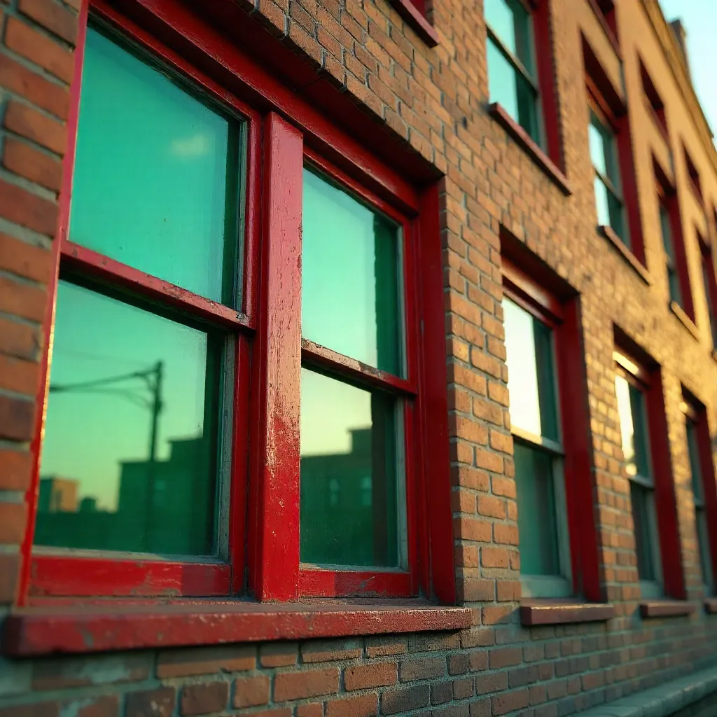 1950s Facade Close-Up: Red Windows, Green Glass