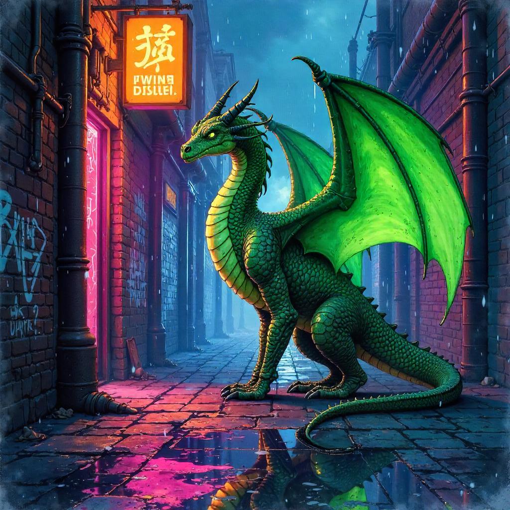 Neon Alley Wyvern in Watercolor