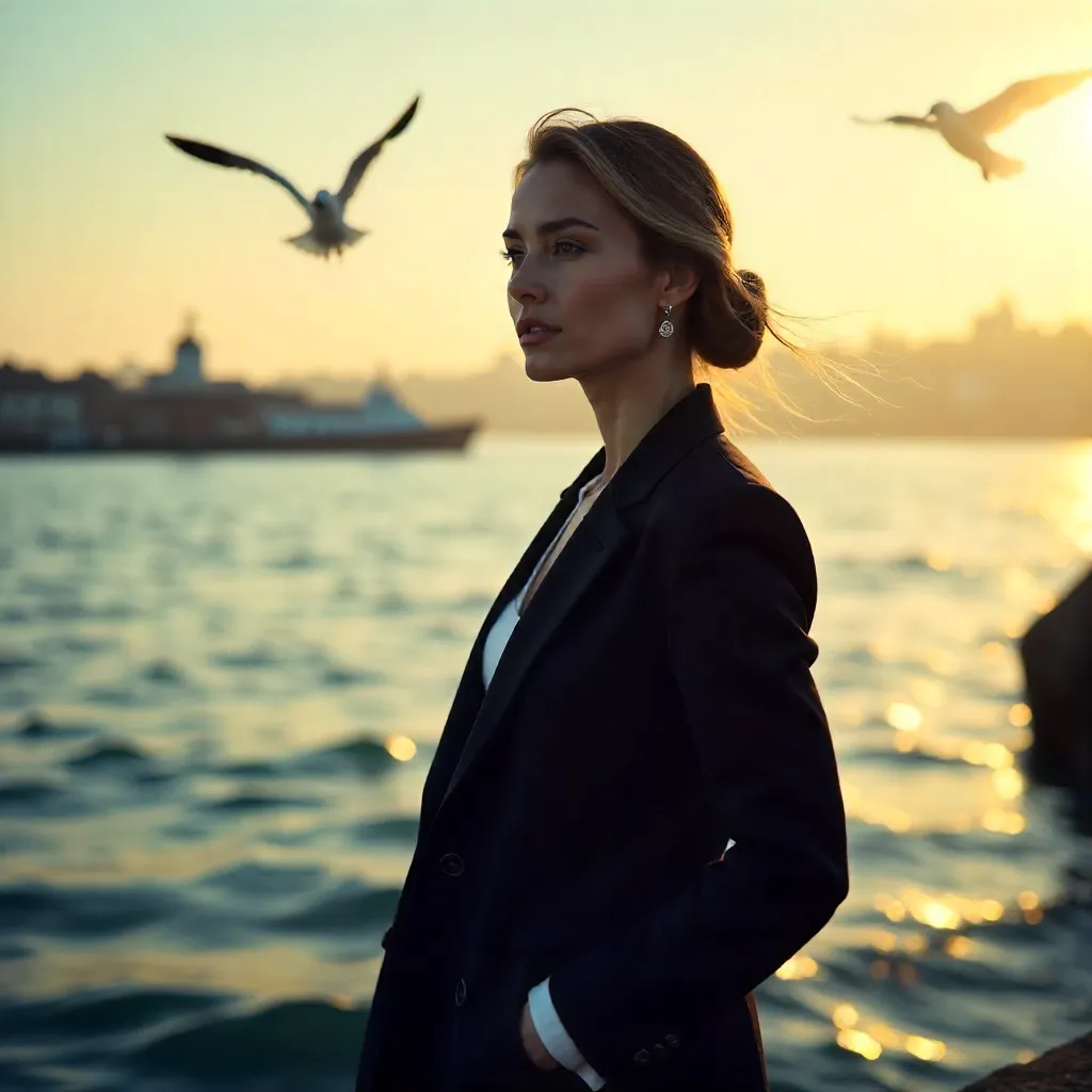 Thoughtful Woman in a Black Blazer by the Waterfront