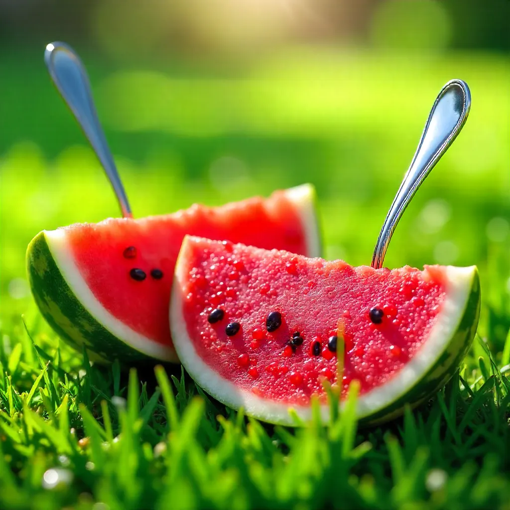 Sunlit Watermelon Halves on Grassy Ground