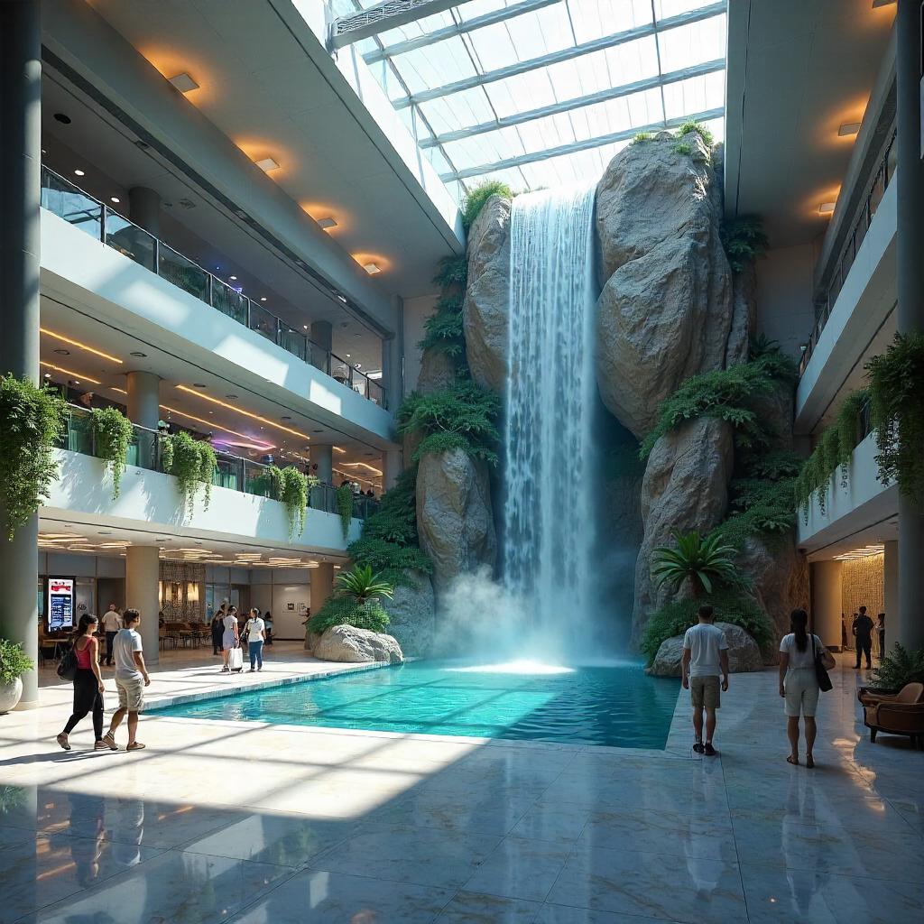 3D Rendered Waterfall Inside a Futuristic Airport Atrium