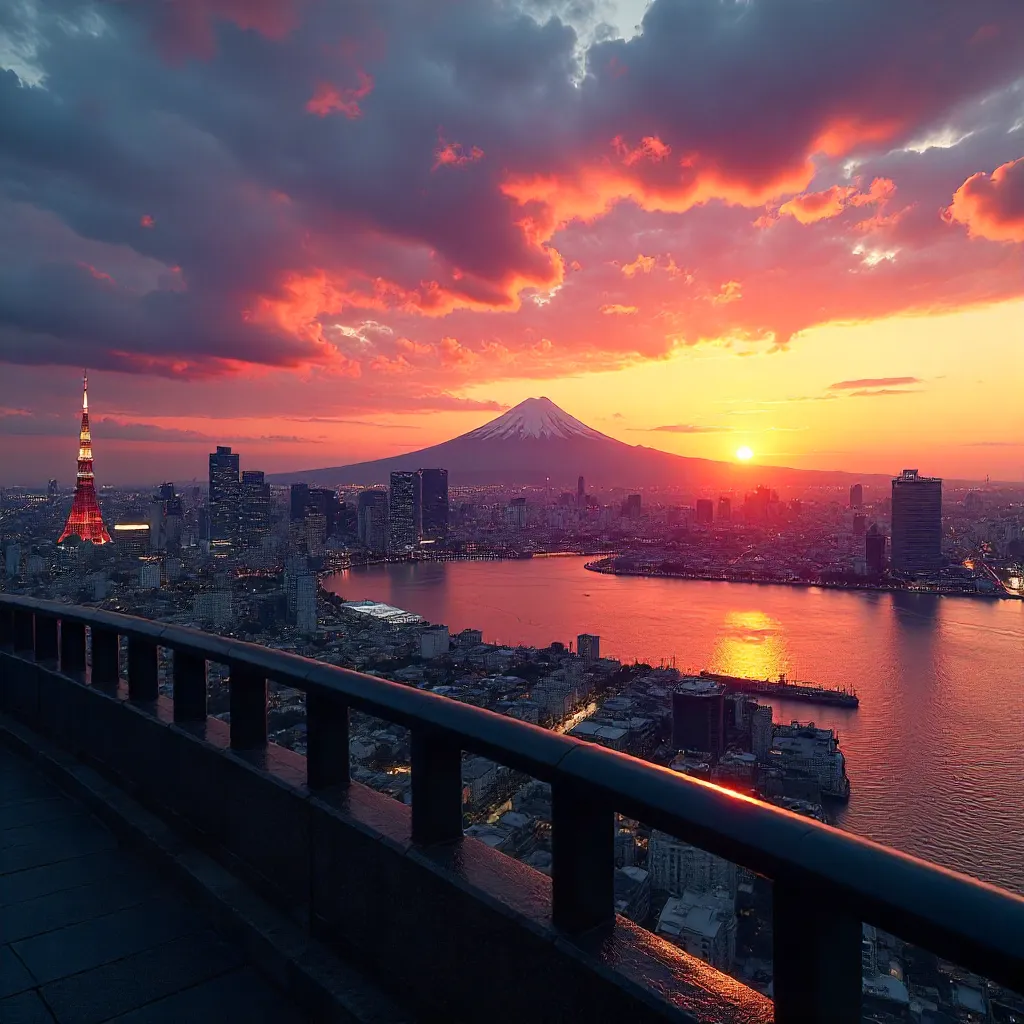 Sunset Silhouette: Tokyo Skyline and Mount Fuji