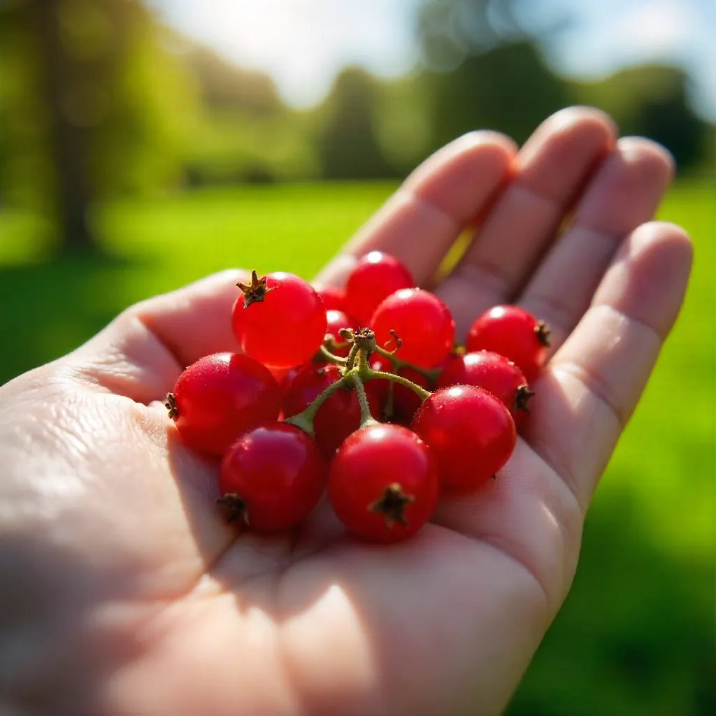 Macro Close-up: Red Currants in a Sunlit Open Hand