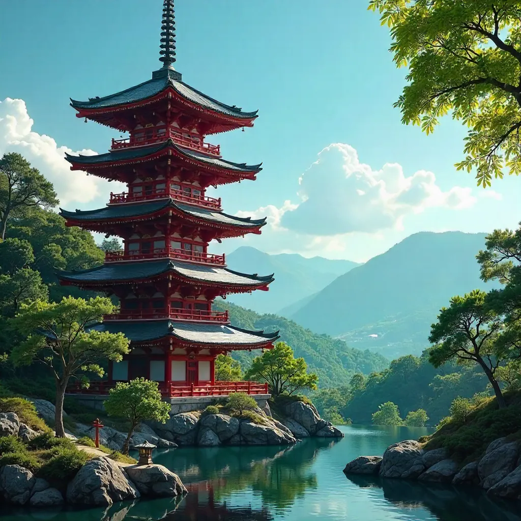 Pagoda Above Verdant Forest in Serene Light