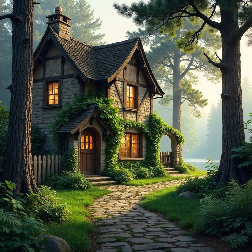 Rustic Cottage Beneath Tall Trees
