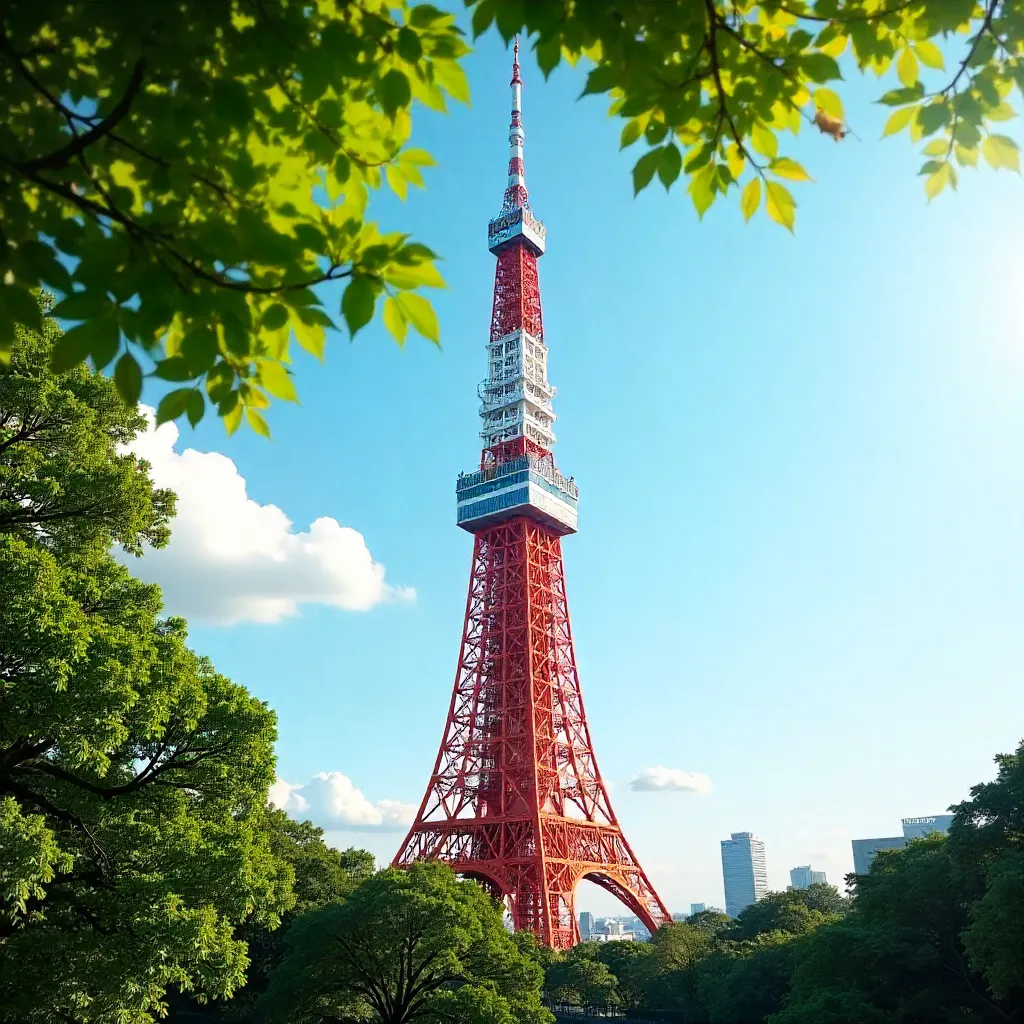Vibrant Tokyo Tower Among Green Trees on a Clear Day