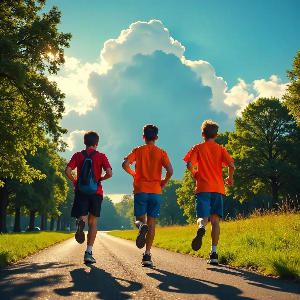 Sunny Run: Teens Jogging Under Dramatic Clouds