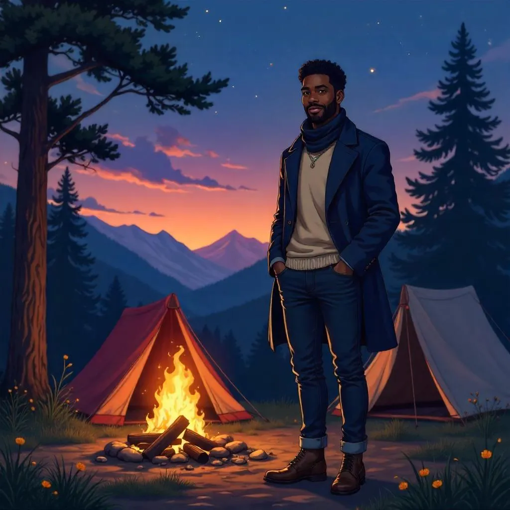 Elegant Black Man in Anime Camping Scene