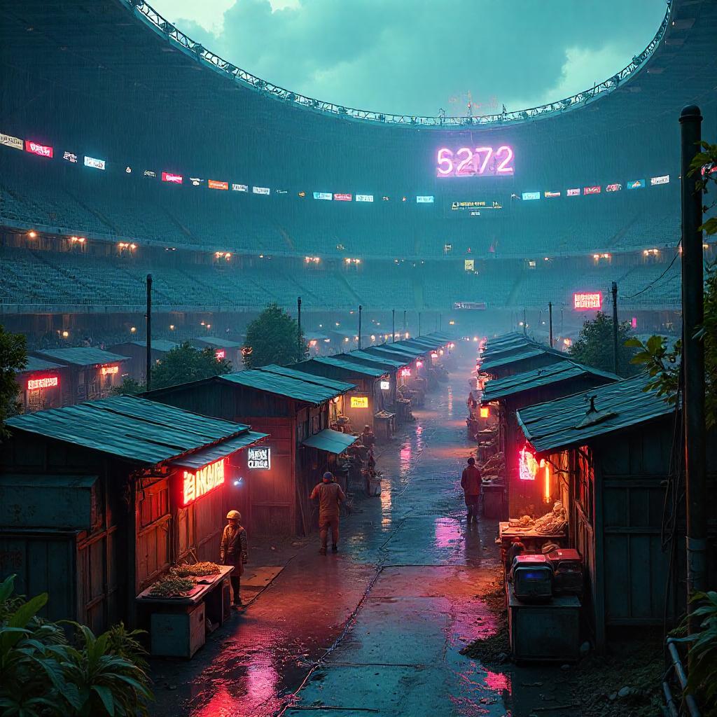Neon Village Inside a Cyberpunk Stadium