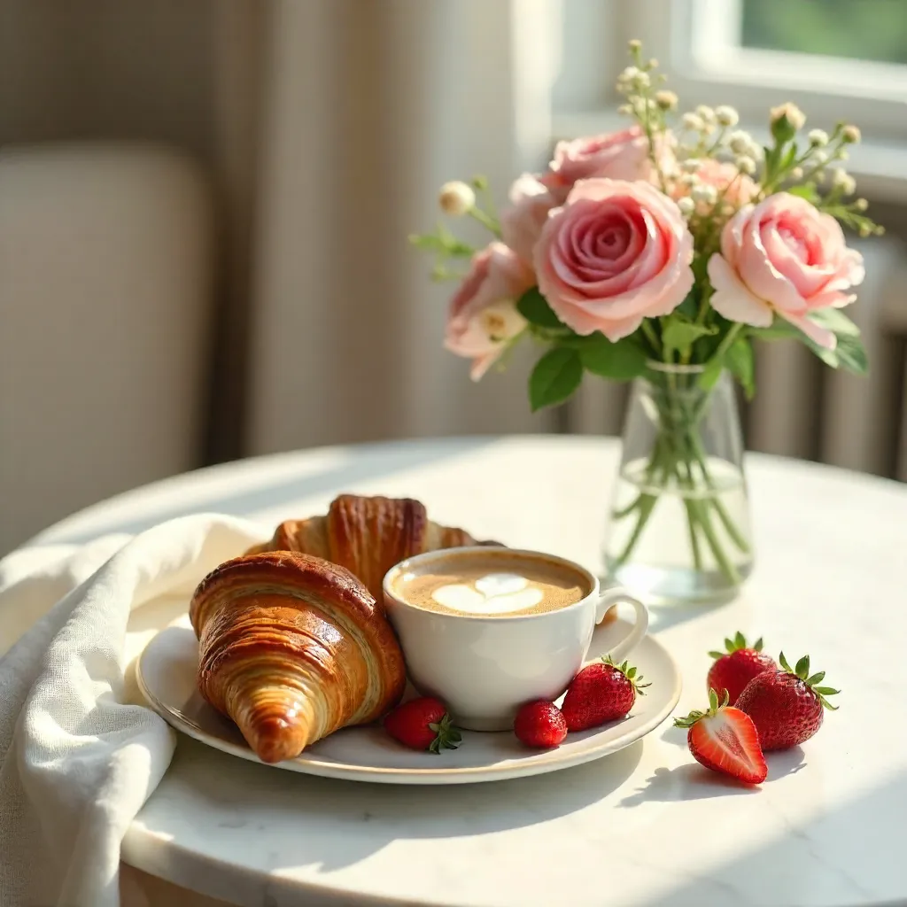 Elegant Breakfast: Croissants, Strawberries & Florals