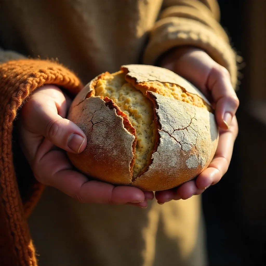 Hand holding rustic bread with leaf pattern and warm textile