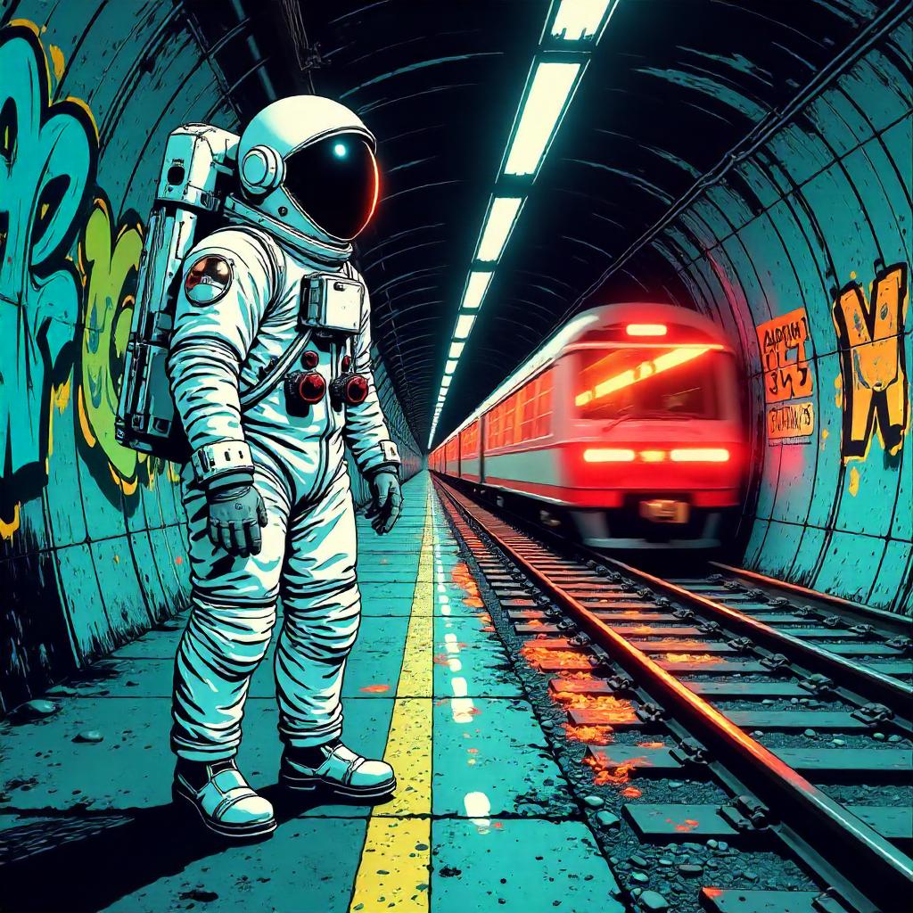 Astronaut in Subway Tunnel: Comic Book Action