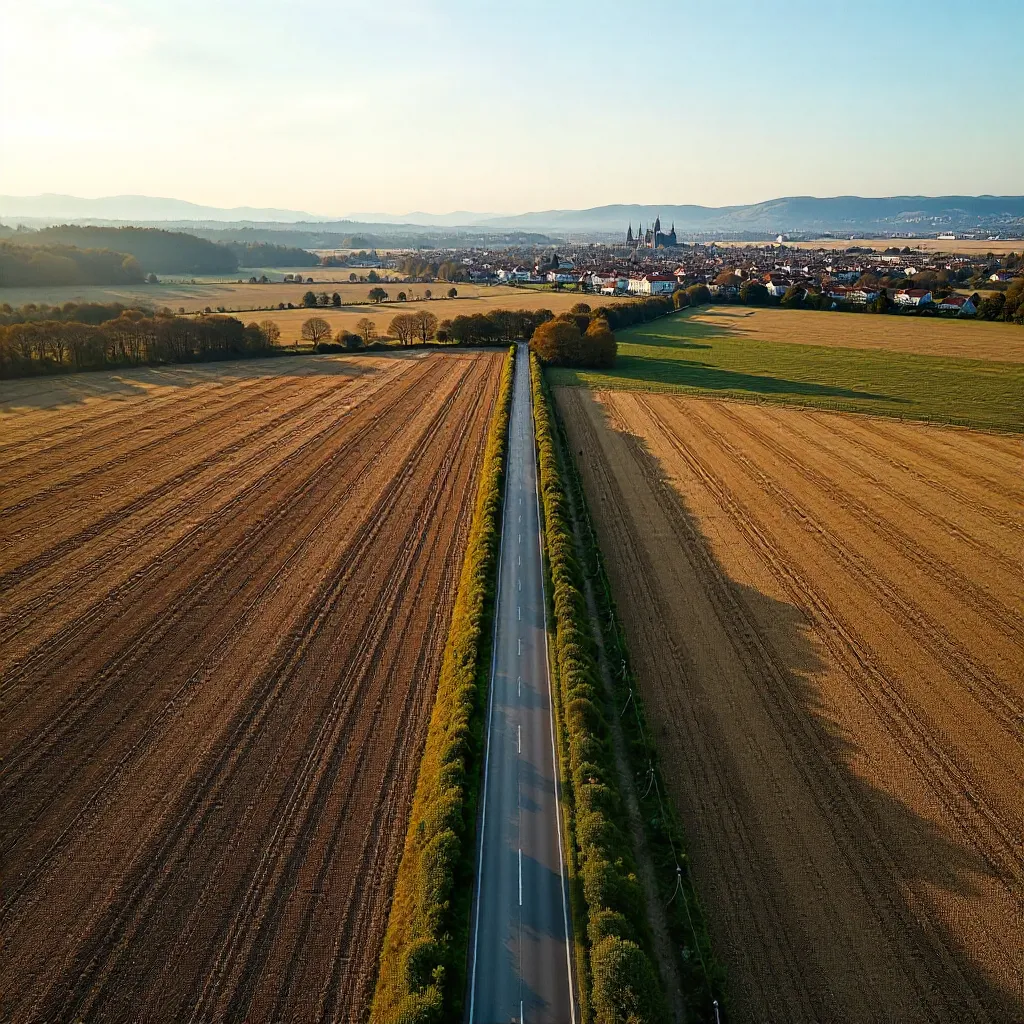 Aerial Road Through Brown Fields Near Graz