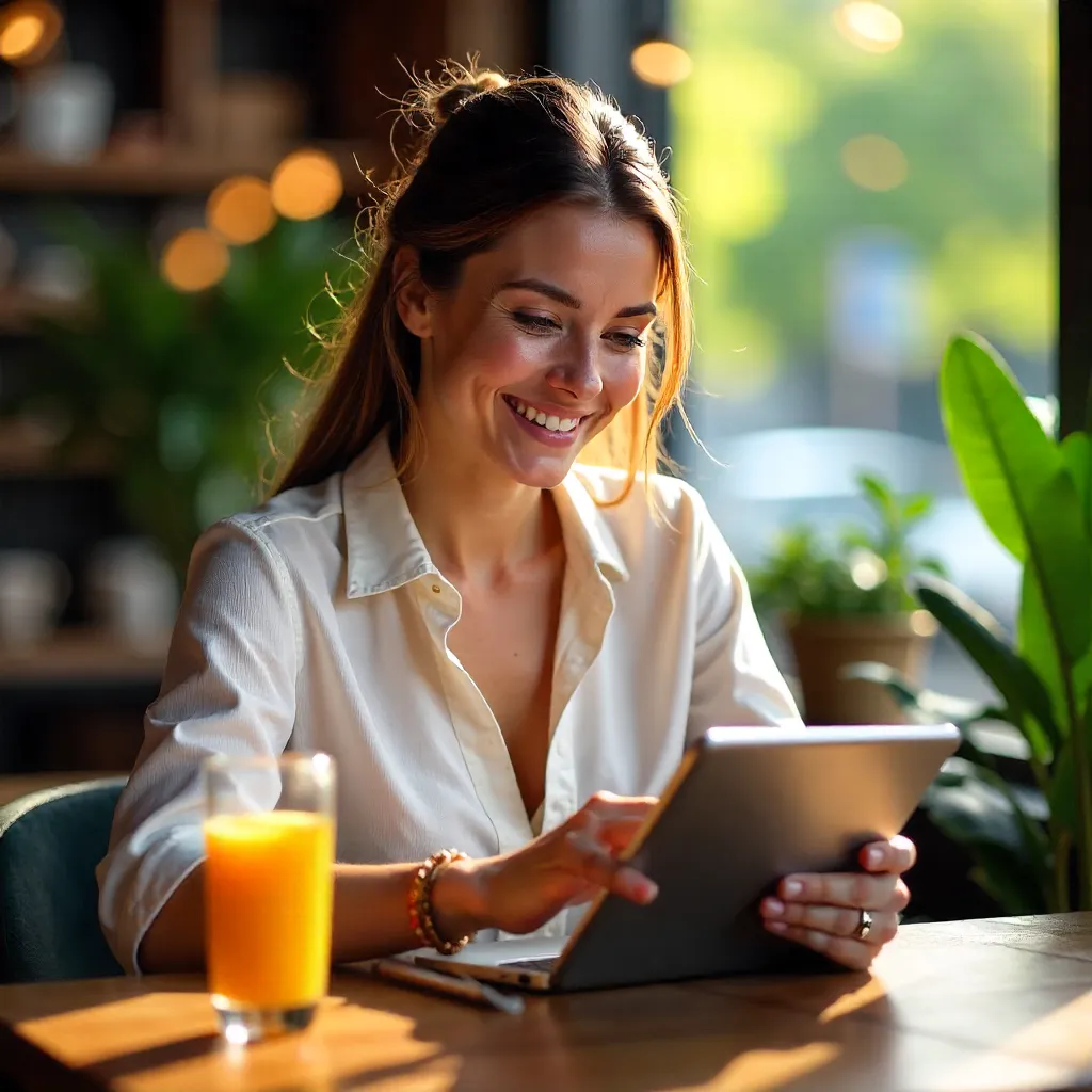 Smiling Woman with Tablet at Café, Enjoying Juice