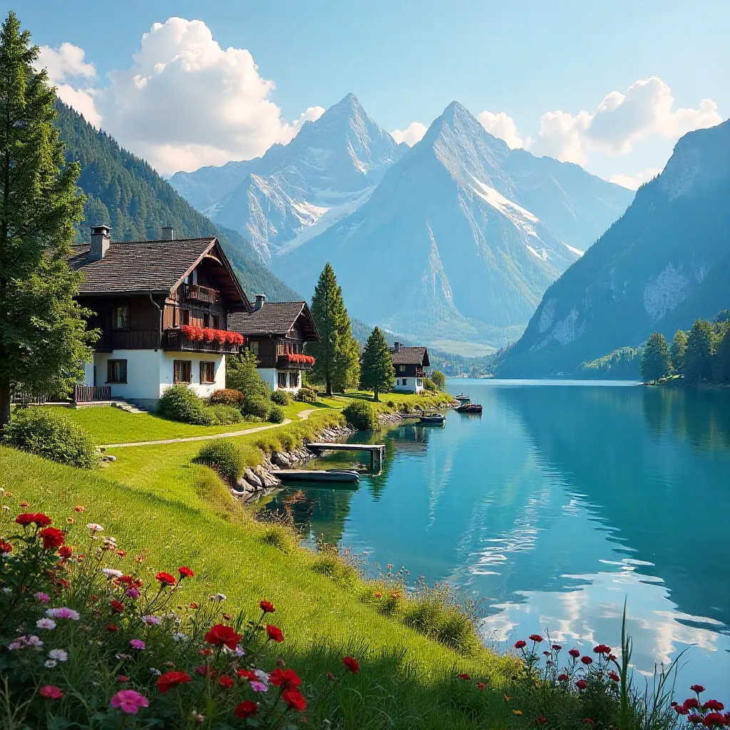 Lakeside Swiss Chalets Under Alpine Skies