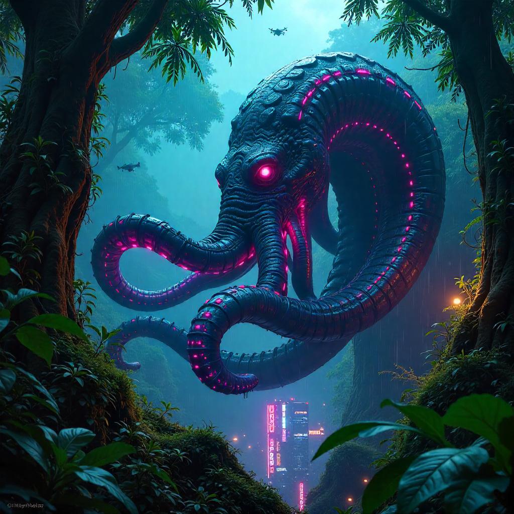 Neon Kraken Over the Jungle Canopy
