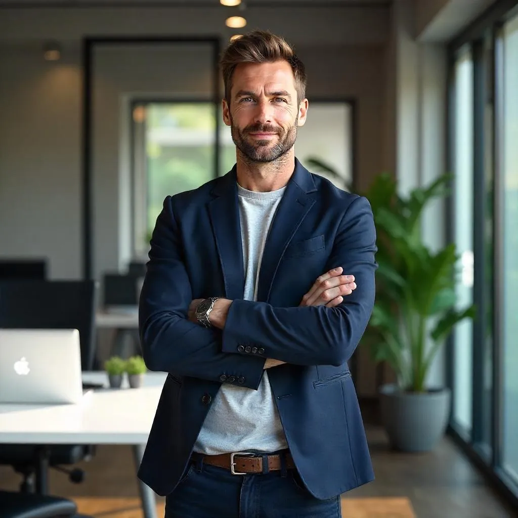 Confident White Man in a Modern Photorealistic Workspace
