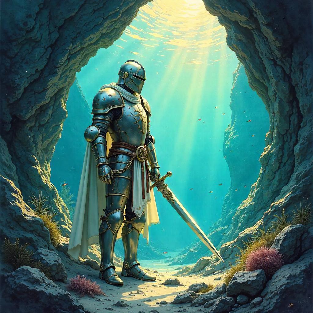 Underwater Paladin in a Watercolor Cave