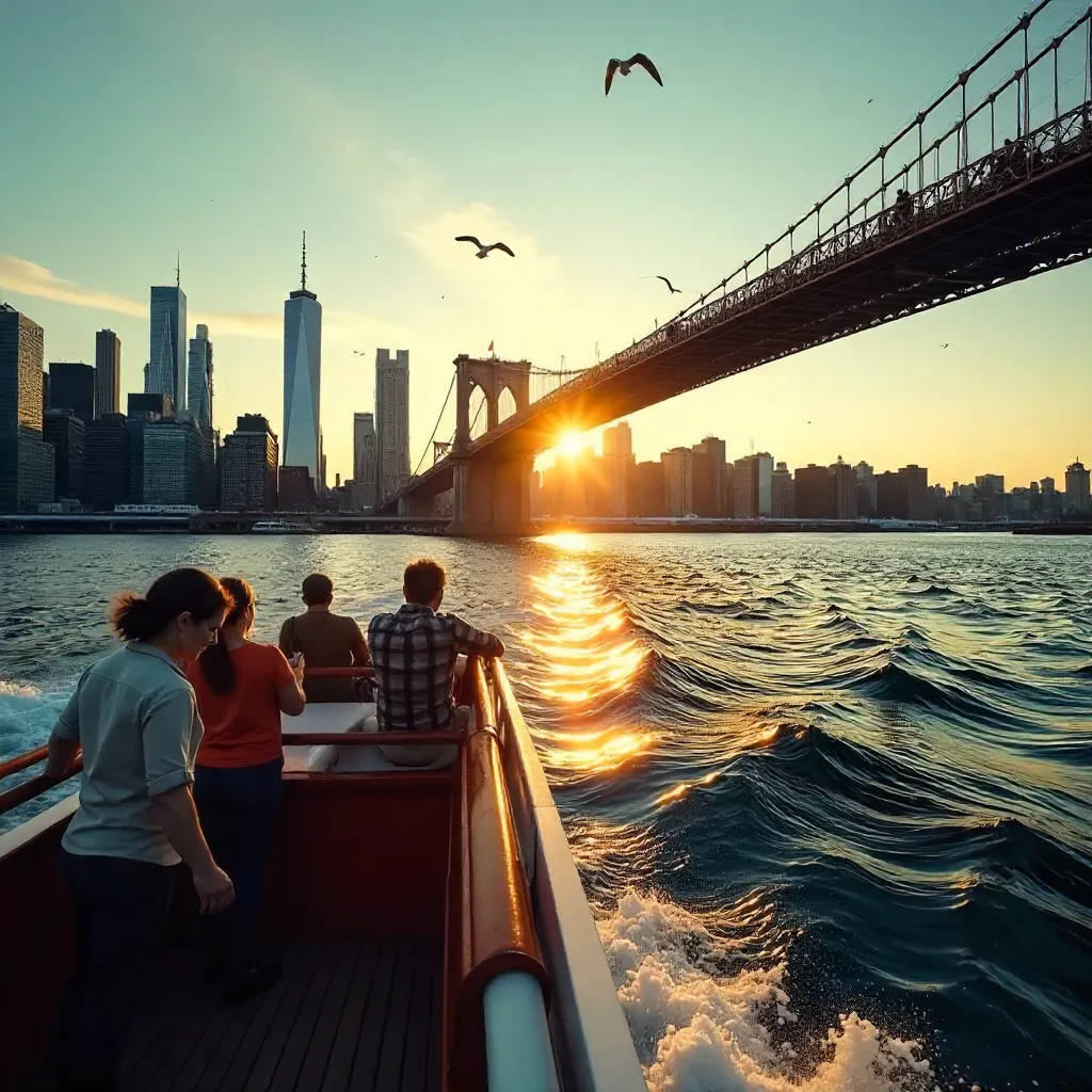 Golden Hour NYC Ferry by Manhattan Skyline
