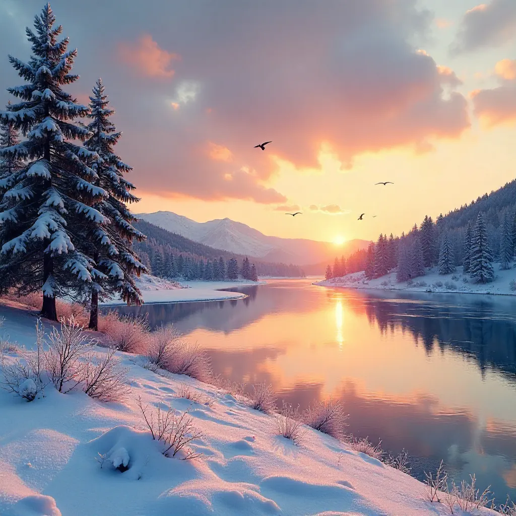 Winter Sunset Over a Snow-Covered Valley