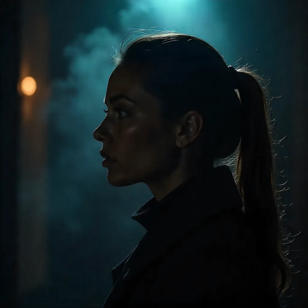 Silhouette in Shadow: Woman's Side Profile in Low Light