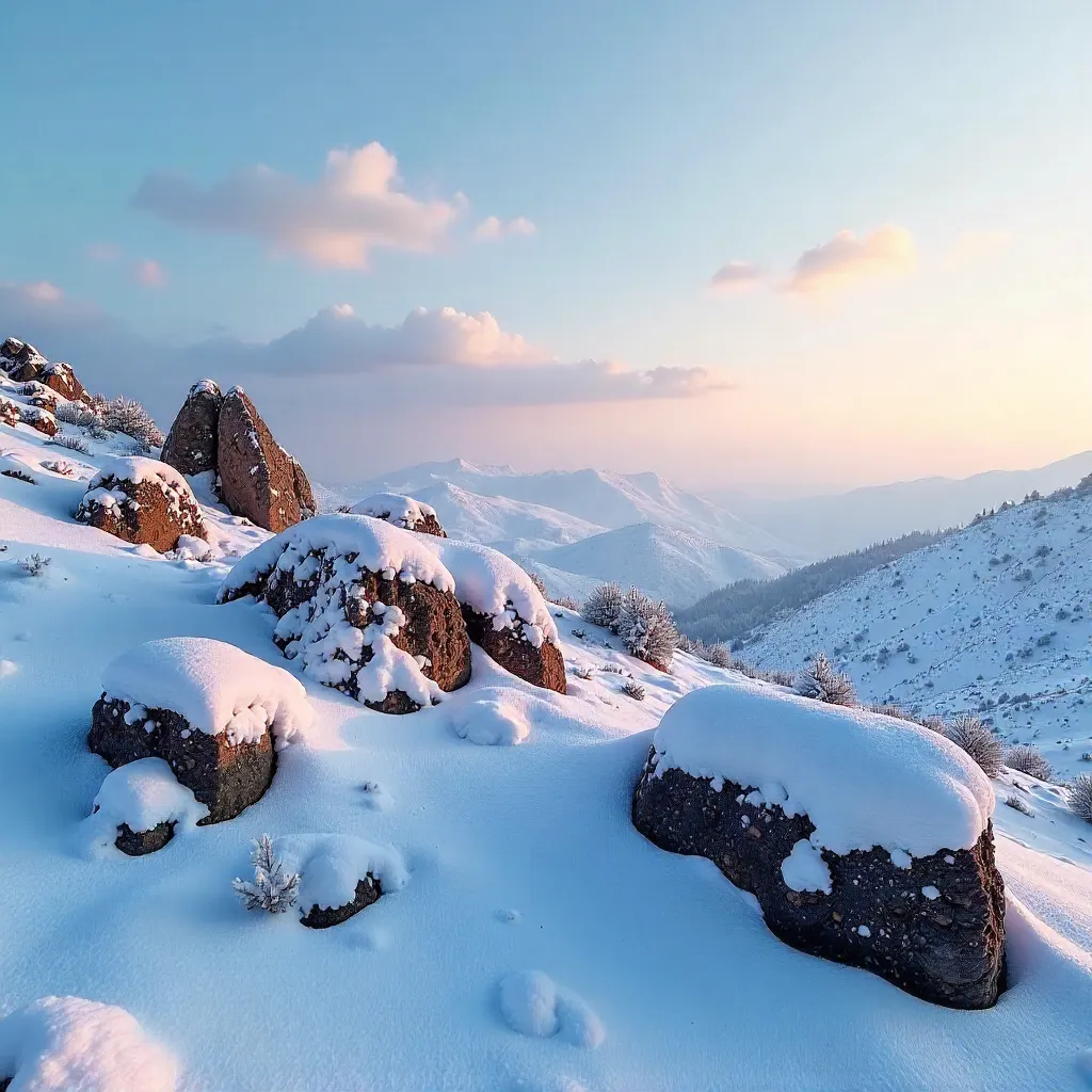 Snowy Rocks and Distant Clouds in Emirdağ, Türkiye