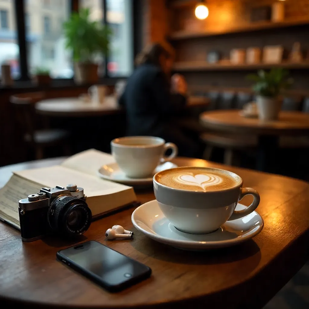 Cozy Café Morning: Latte Art, Book, Camera, and Gadgets
