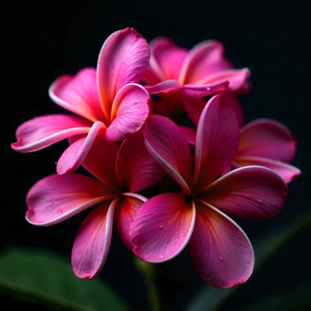 Close-Up of Vibrant Pink Plumeria in Moody Shadow