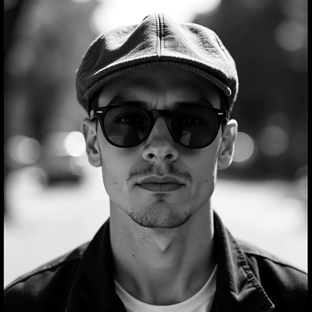 Monochrome Portrait: Young Man in Cap and Sunglasses Outdoors