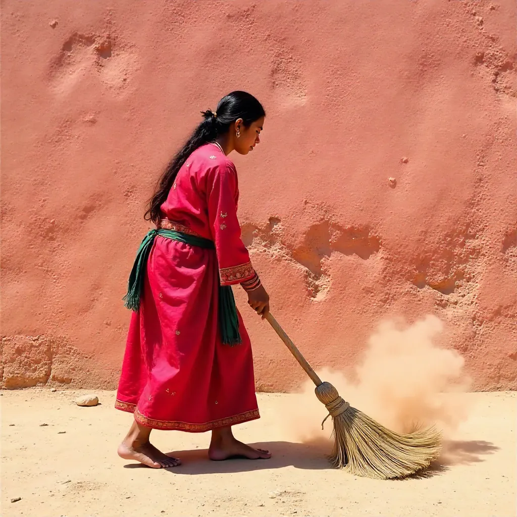 Sweeper in Traditional Attire Before a Pink Clay Wall in Sun