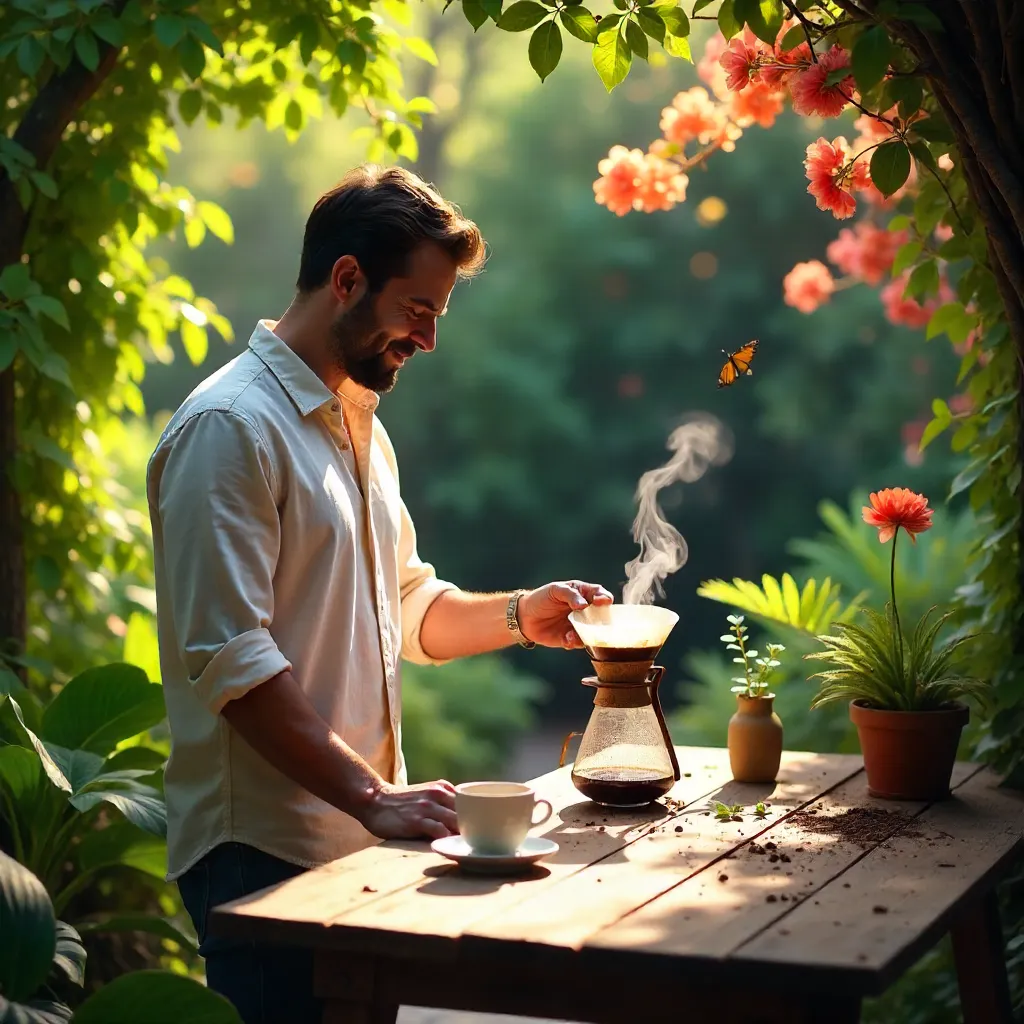 Pour-Over Coffee in a Lush Garden Morning