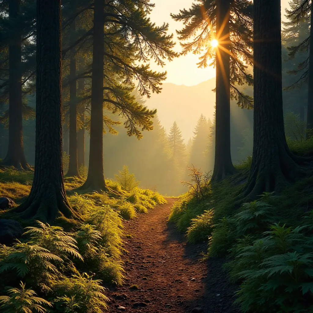 Sunlit Forest Path: Rays Through the Trees