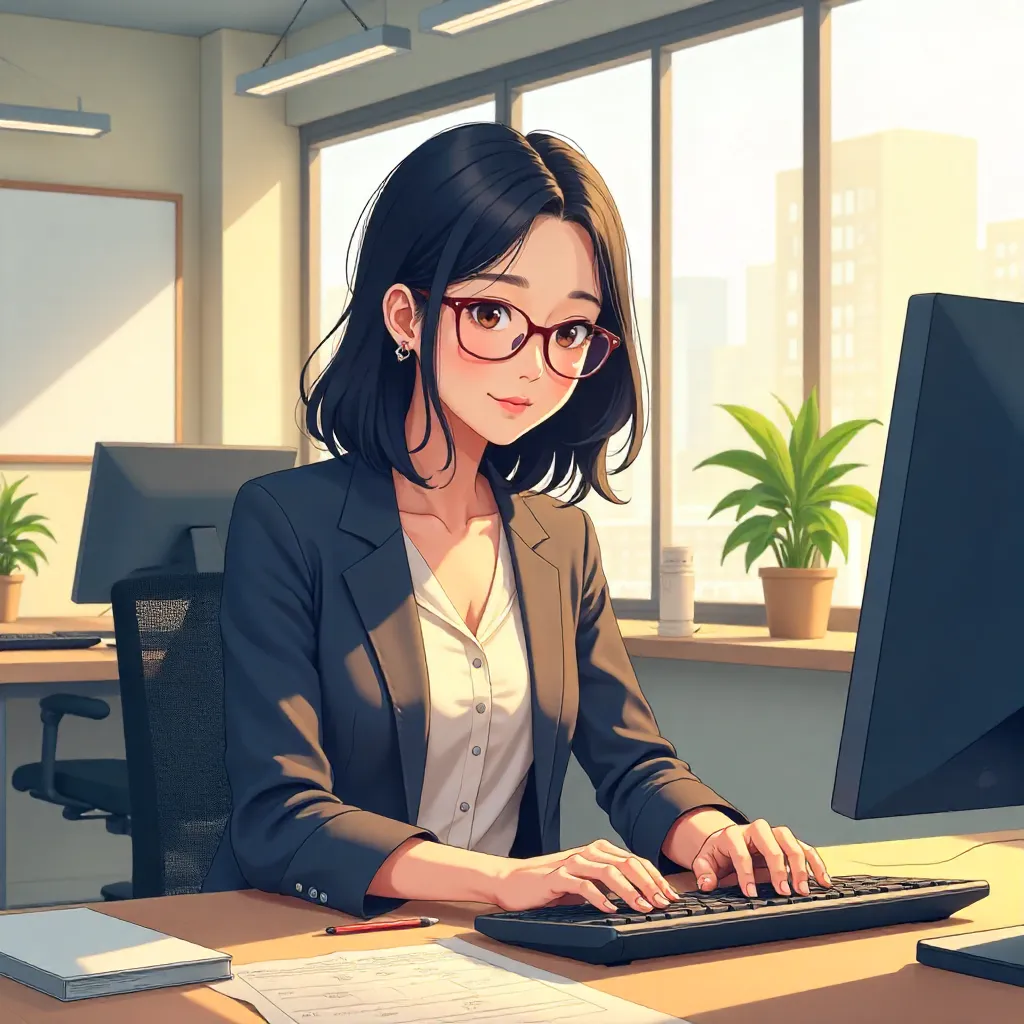 Anime-Style Office Portrait of an Adult Asian Woman