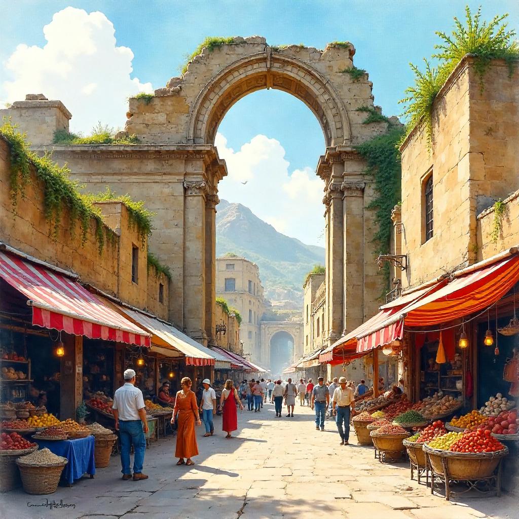 Watercolor Ruins Over a Bustling Market