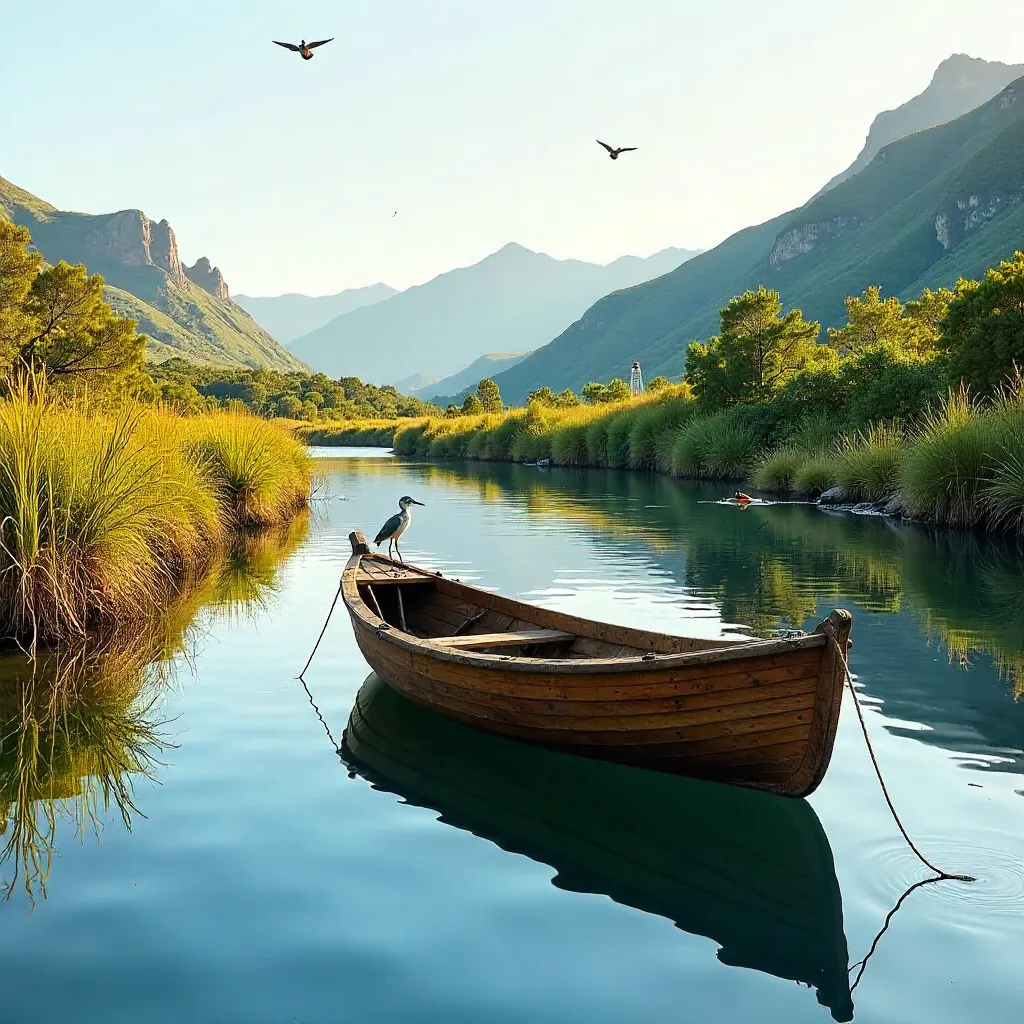 Lush South African River: Boat at Rest in Golden Hour